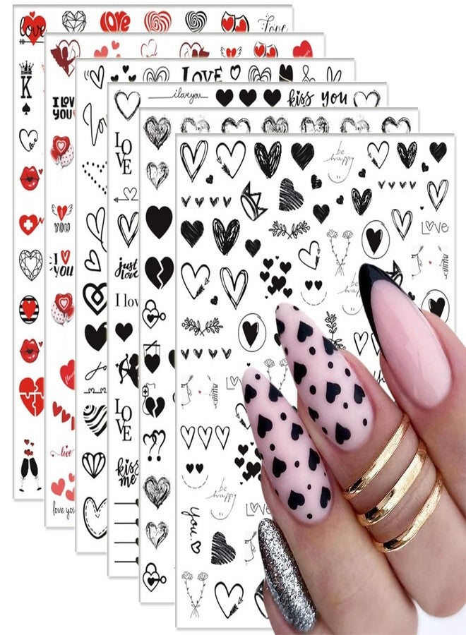 SINSEN Heart Nail Stickers - 6 Sheets Hearts Nail Decals for Women - 3D Self Adhesive Heart Nail Art Stickers - Black Red Heart Love Angel Cupid Nail Designs DIY Valentines Manicure Decorations - Image 1